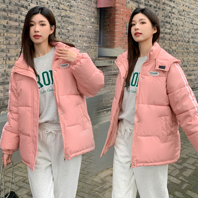 實拍羽絨棉服女短款ins2023冬季韓版新款槓條連帽學院風棉襖外套