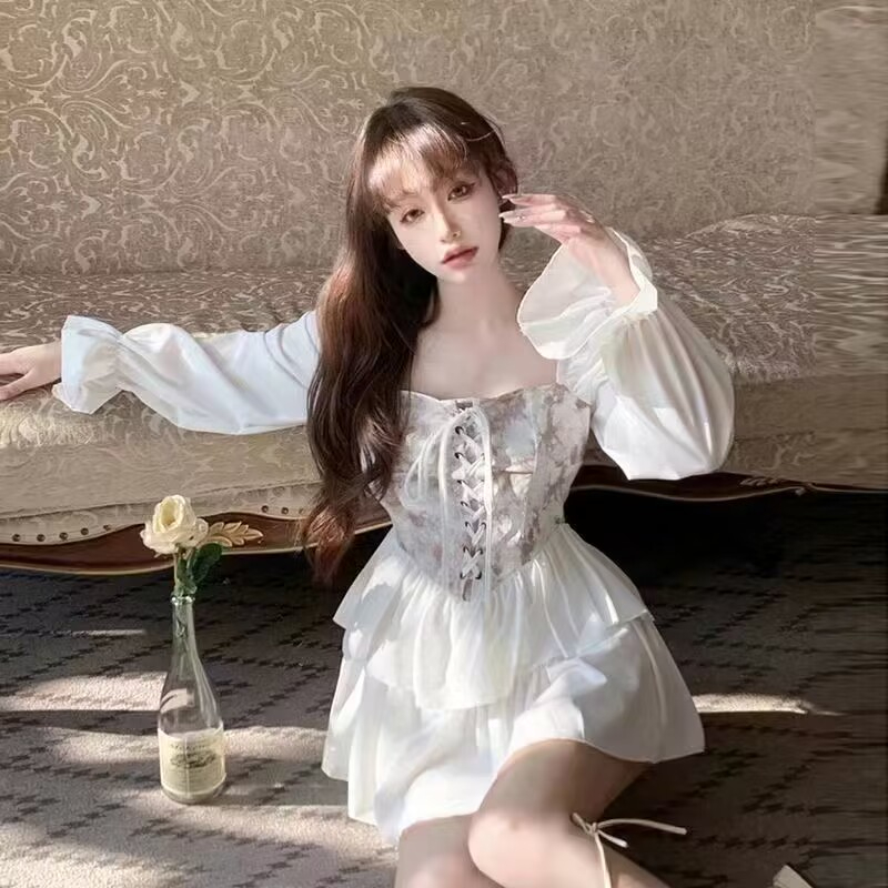 水墨扎染不規則連衣裙女春夏設計感小眾一字肩收腰綁帶宮廷蓬蓬裙