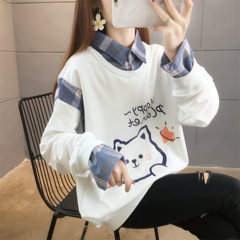 首發實拍6535魚鱗 秋季新款衛衣女薄款長袖假兩件polo大碼女裝