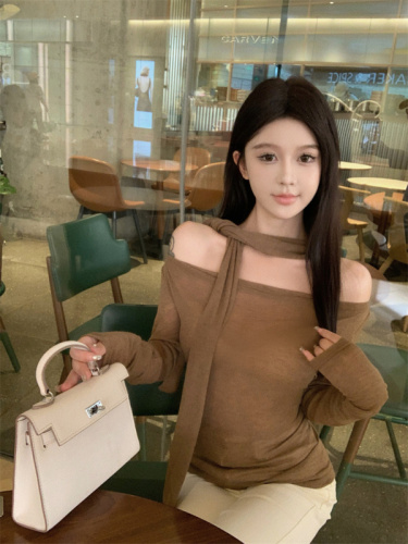 韩式女主风气质咖色收腰长袖显瘦亲肤荡领围脖修身上衣