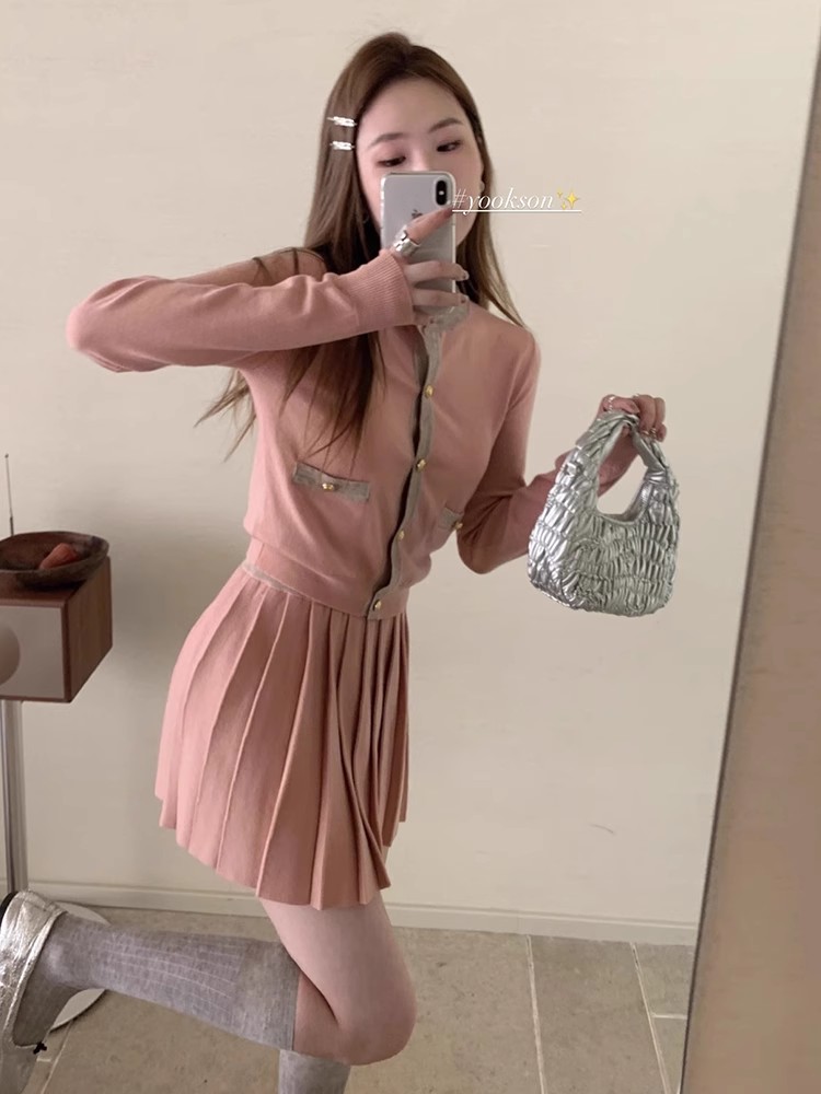 千金韓系精緻套裝女早秋針織開衫百褶裙兩件套上衣