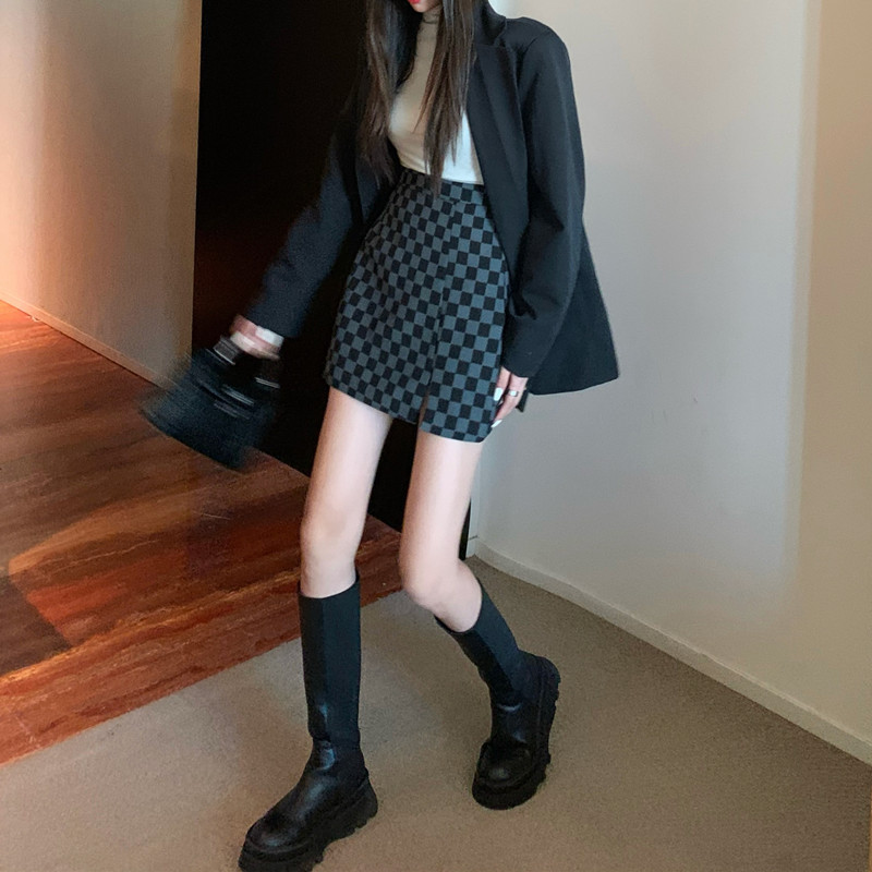 實拍韓版棋盤格A字半身裙女開叉半身裙女a字短裙西裝包臀裙子