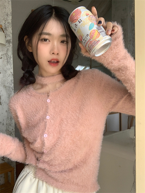 實拍   韓系氛圍感馬海毛毛衣掛脖設計感針織毛衣外套