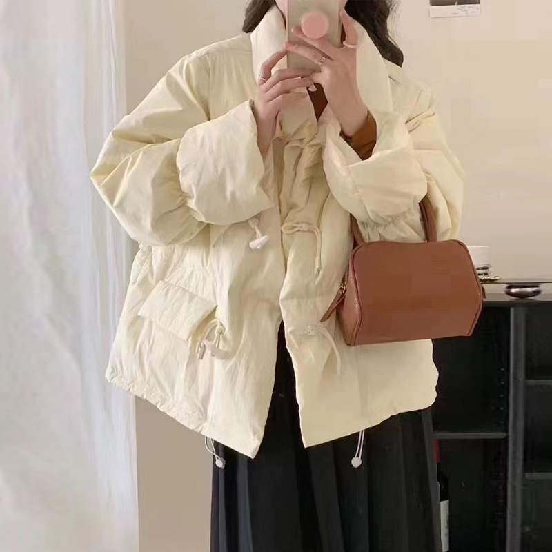 新款牛角扣2023冬季短款羽絨棉服女寬鬆百搭加厚麵包服棉衣外套