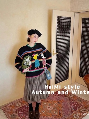 秋季新款懒惰设计感宽松版型休闲复古工艺套头长袖针织上衣女