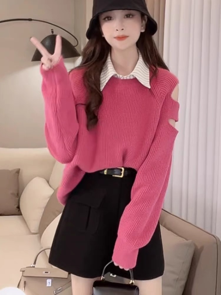 秋季新款慵懶風破洞露肩設計感長袖毛衣女小眾寬鬆打底針織衫上衣