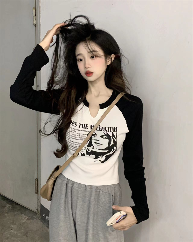 實拍 美式辣妹純棉長袖T恤女設計感撞色字母修身顯瘦短款上衣