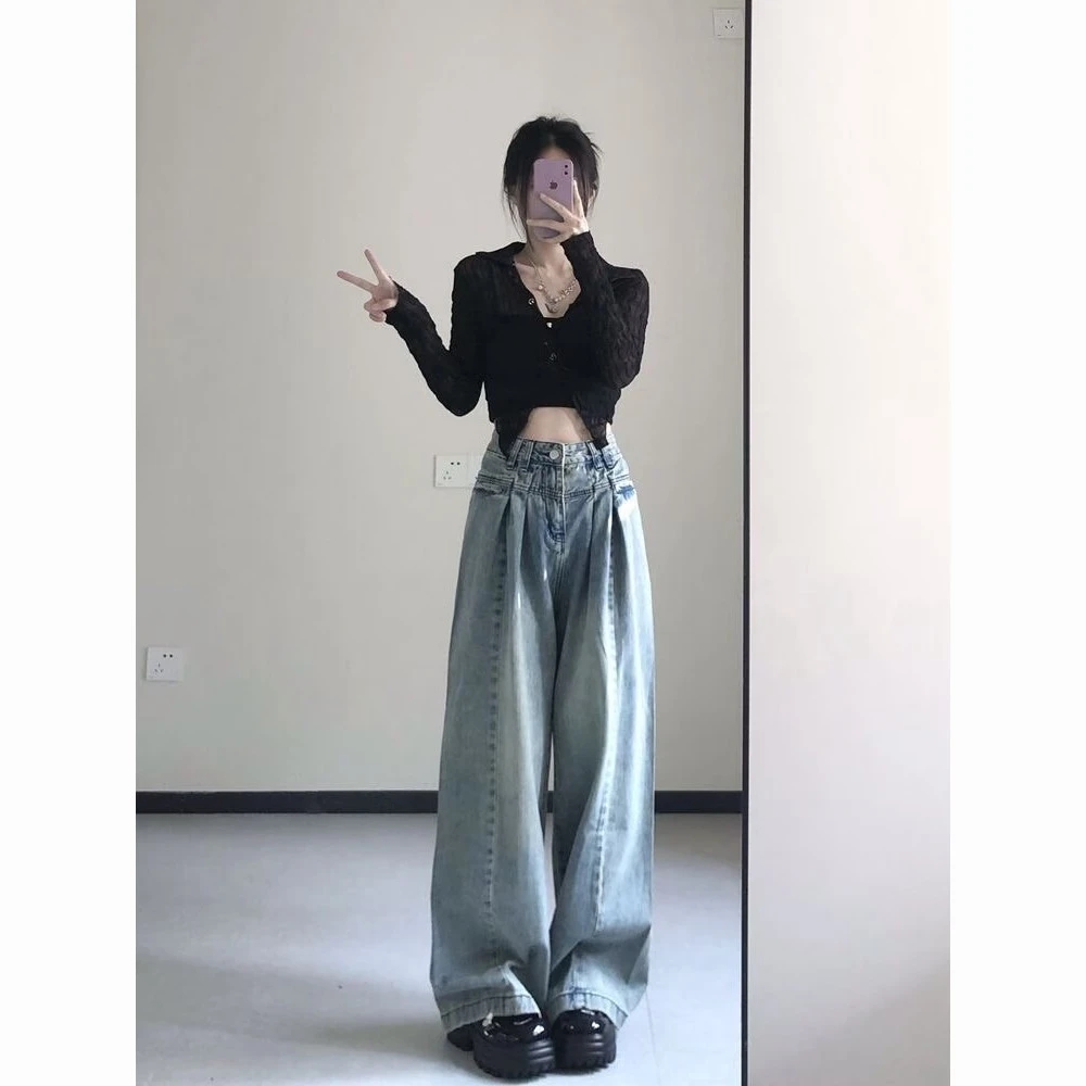 復古垂感牛仔褲女春秋設計感高腰辣妹小個子寬鬆直筒拖地闊腿長褲