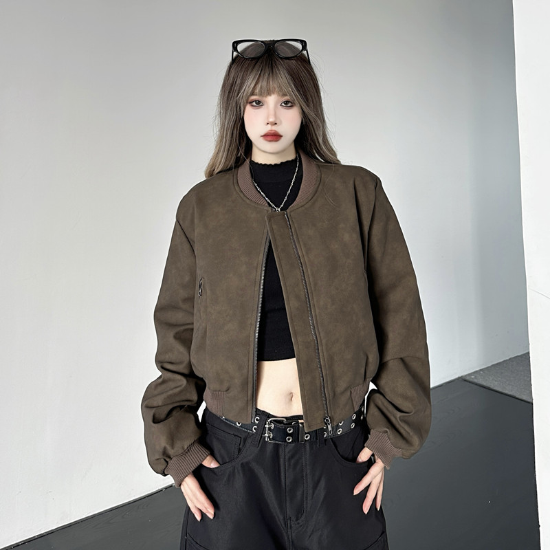 實拍#復古做舊咖色皮衣外套女2023新款美拉德機車服短款立領夾克