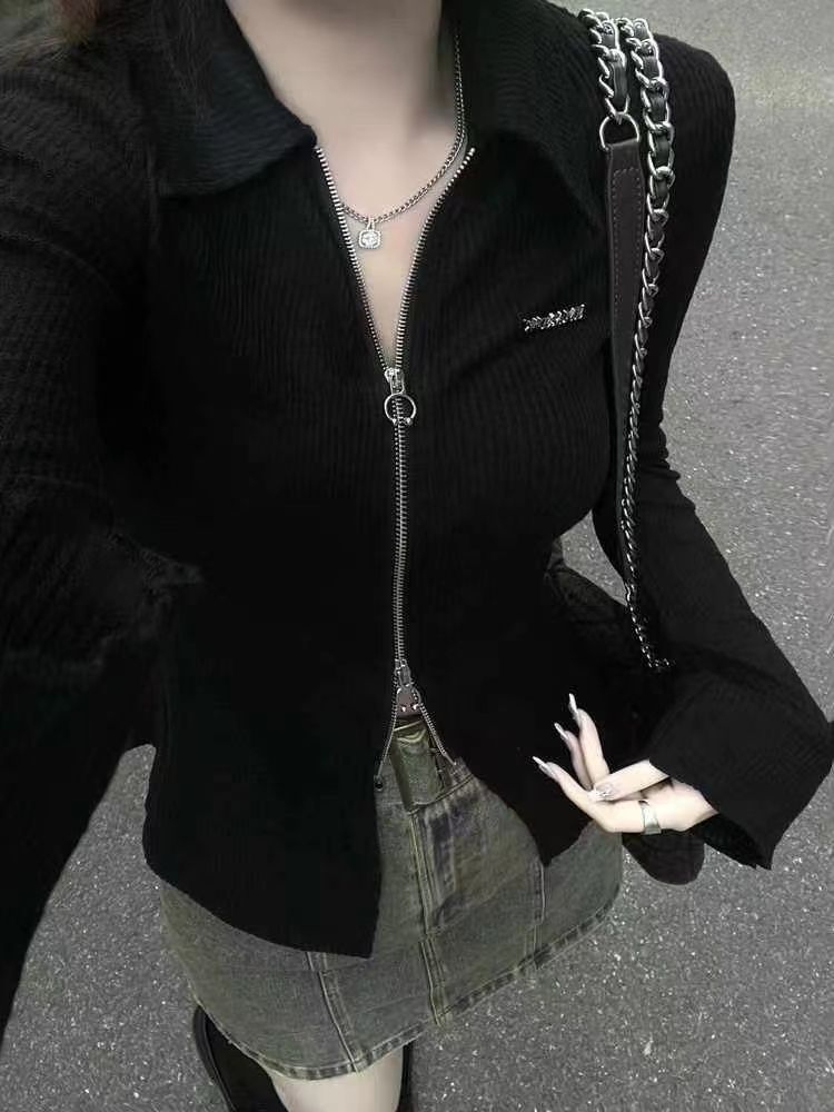 Spring and Autumn Pure Desire Slim Design Niche Zipper Hot Girl Top Women's Polo Collar Slimming Temperament Long Sleeve T-Shirt