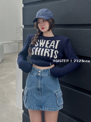 2023韩版秋季新款法式甜美圆领字母印花长袖高腰修身短款针织衫女