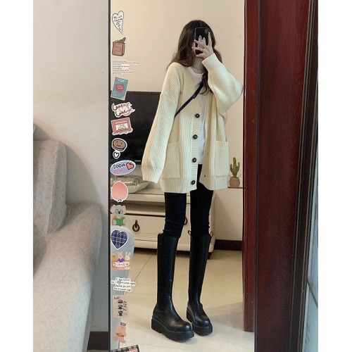 A sense of high-end!  Lazy style V-neck single-breasted sweater cardigan women's coat spring and autumn Korean style loose knitted sweater top