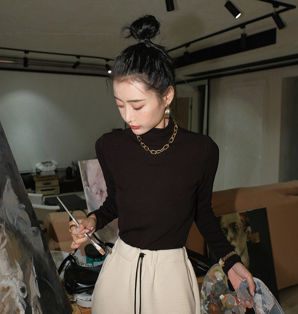 實拍2023秋裝新款高領長袖T恤女潮牌休閒套頭上衣修身顯瘦打底衫