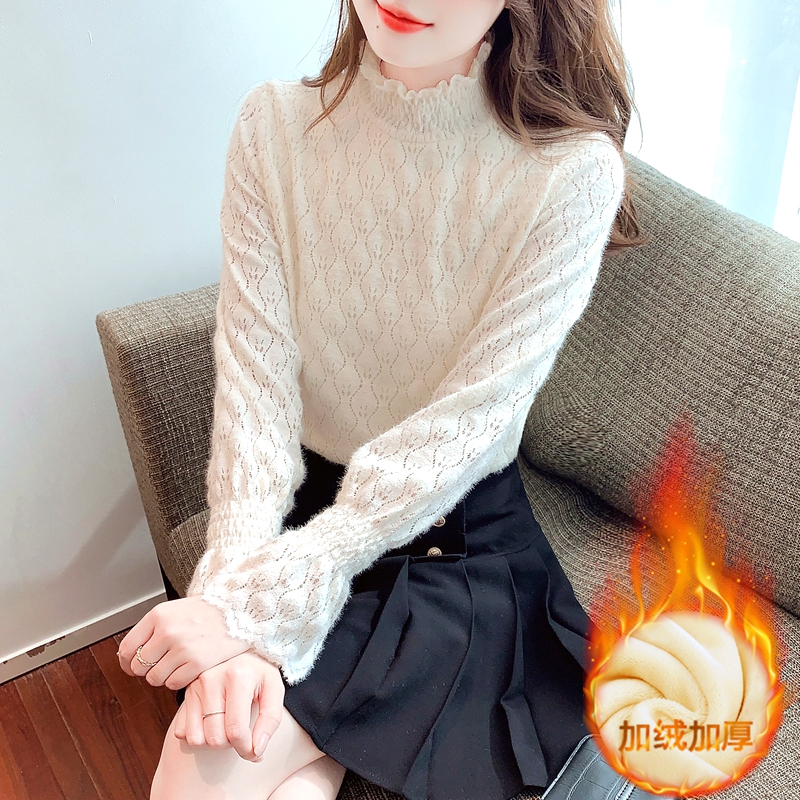 加絨加厚半高領內搭蕾絲衫女冬新款洋氣百搭木耳邊打底衫