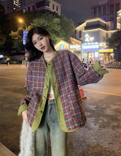 Korean style loose and slim plaid braided tweed deerskin velvet spliced ​​short jacket top