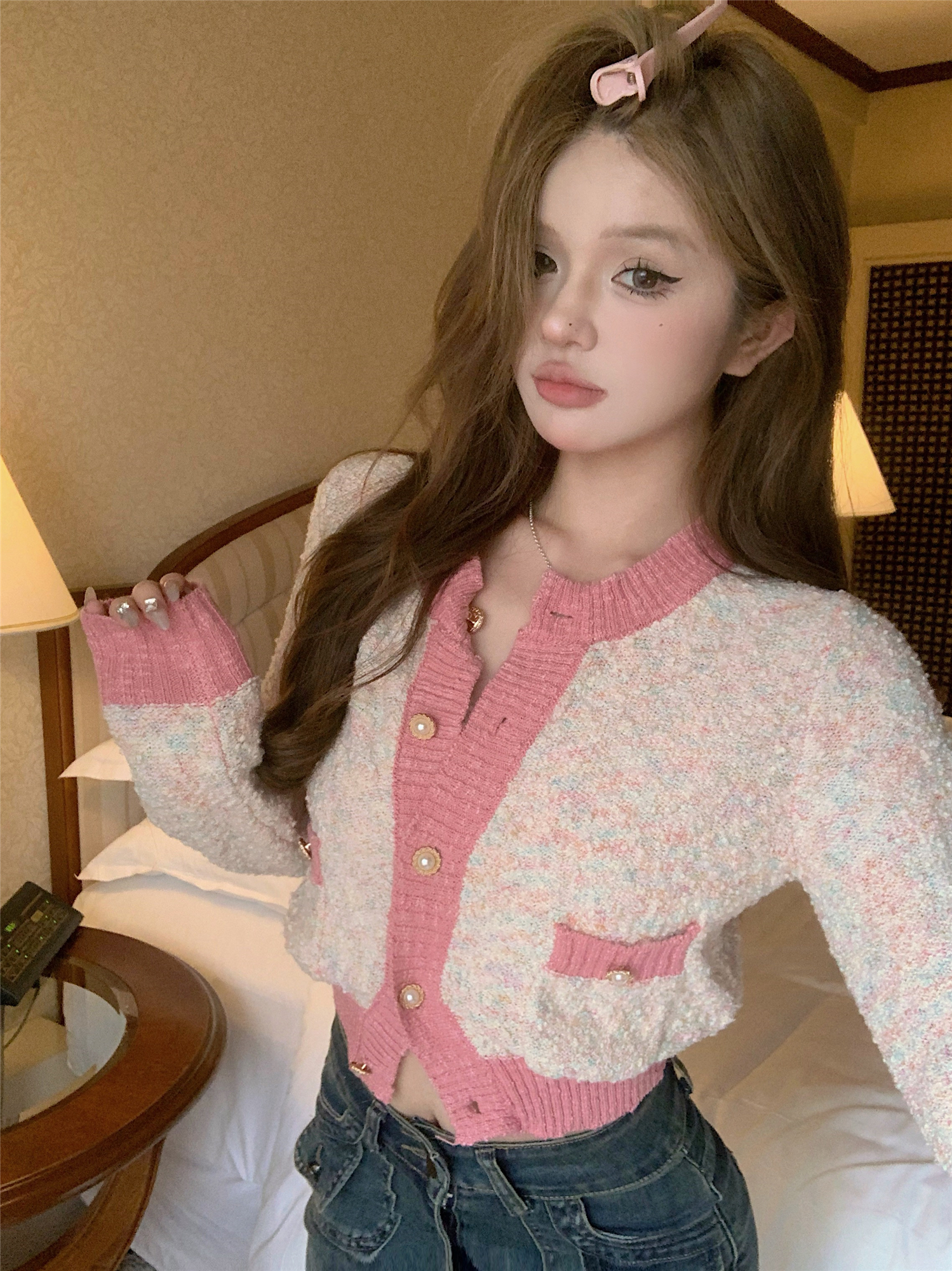 Real shot~Autumn new sweet girl gentle style small high-end niche slim cardigan sweater for women
