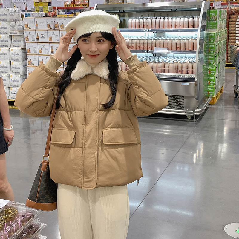實拍秋冬新款韓版女裝毛毛領大口袋短款加厚純色棉衣棉服