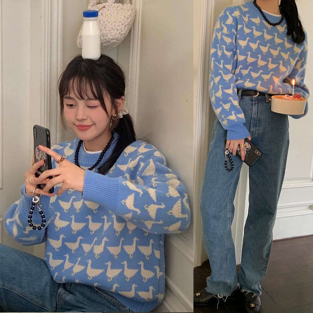 實拍  ins博主可愛減齡小鴨子撞色圖案套頭圓領厚實保暖毛衣