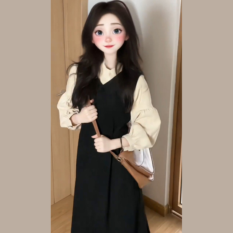 小個子黑色背心連衣裙子早秋季2023新款女裝長袖長裙茶系穿搭套裝