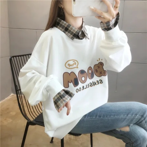 首發實拍6535魚鱗 假兩件格子襯衫領薄款衛衣女2023秋季新款