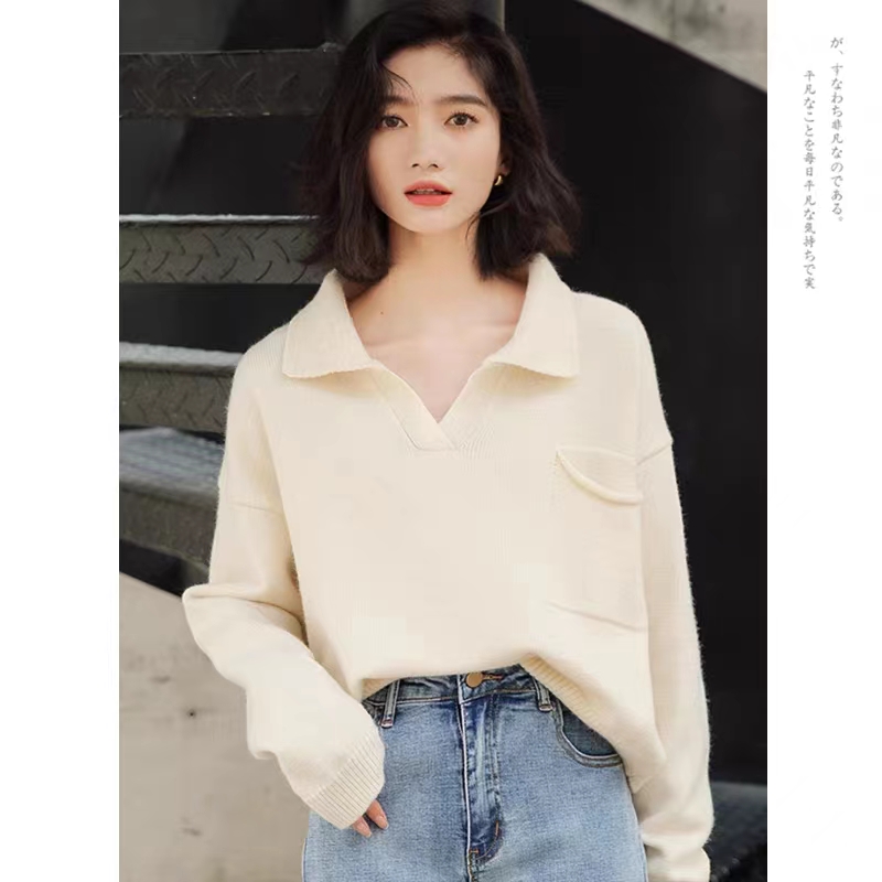 Polo領毛衣女寬鬆復古慵懶韓國短款套頭v領針織衫ins