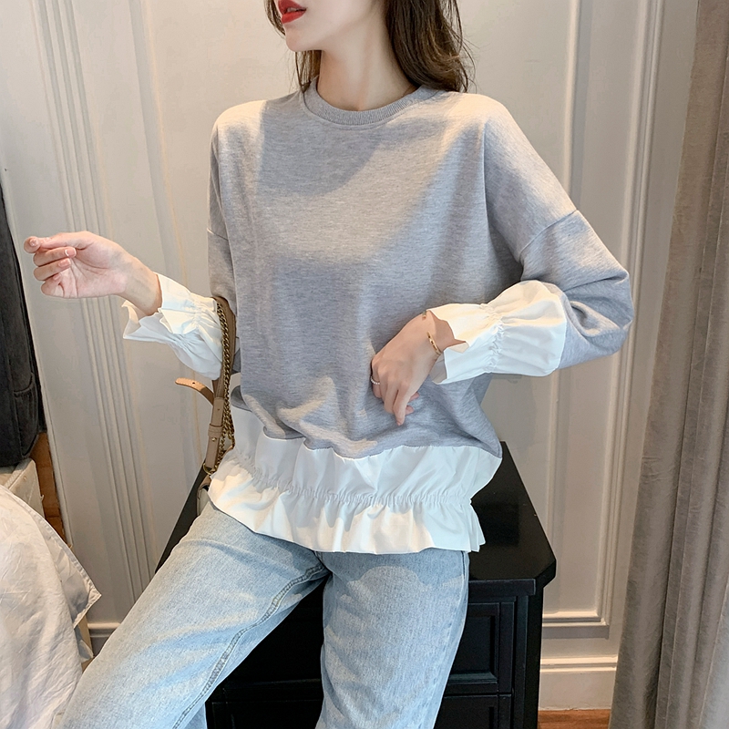 實拍秋裝喇叭袖全棉毛圈圓領套頭拼接假兩件衛衣女潮ins