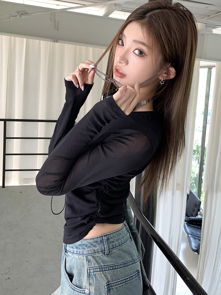 實拍2023秋裝新款圓領抽繩設計收腰顯瘦上衣T恤女修身長袖打底衫