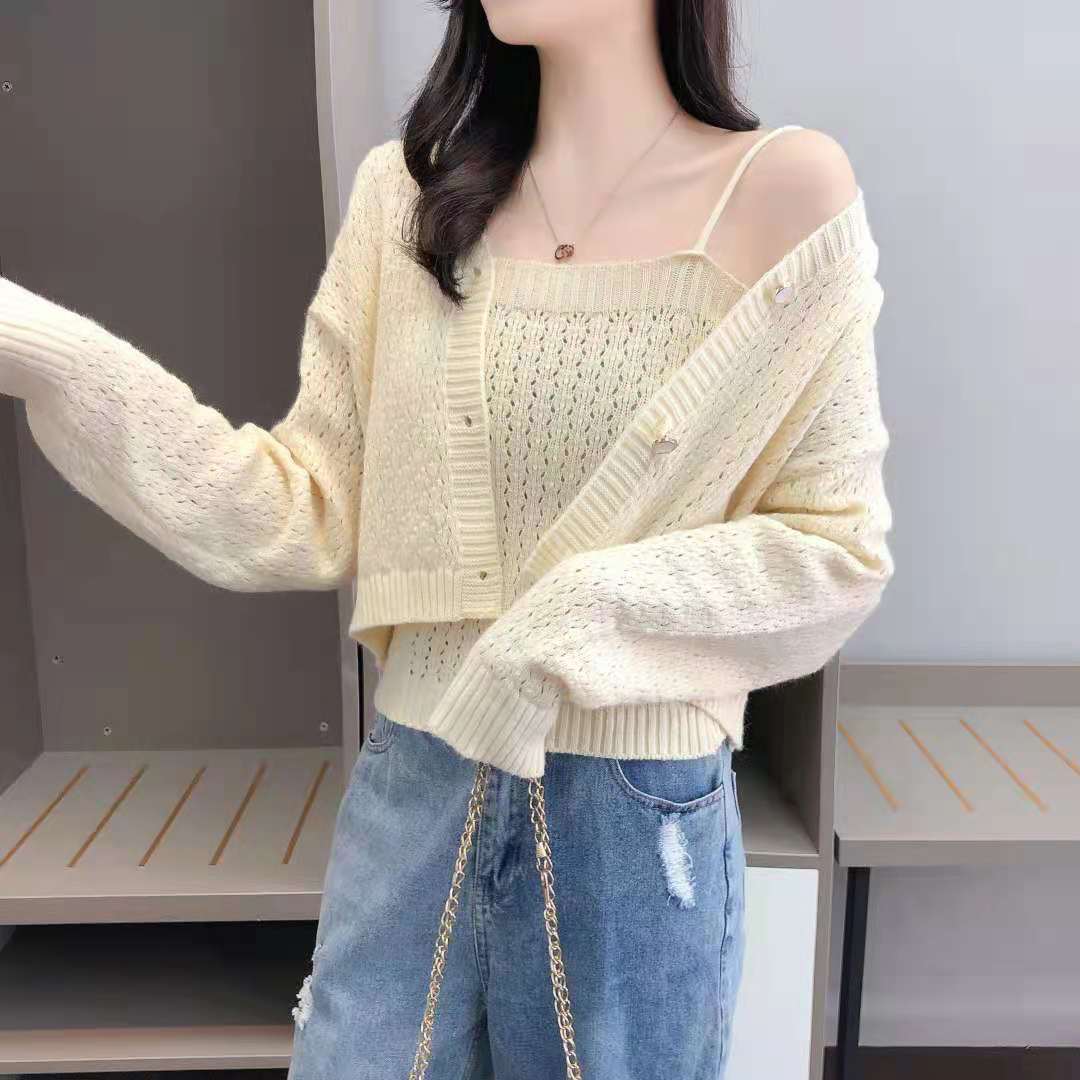 辣妹溫柔毛衣女春秋2023新款上衣短款針織開衫外套疊穿吊帶兩件套