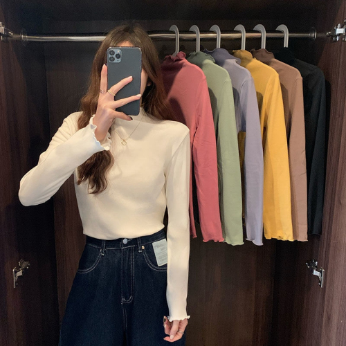 Official photo Double-sided German velvet long-sleeved T-shirt for women in autumn and winter German velvet ear-edged warm inner layering slim-fitting thickened bottoming shirt