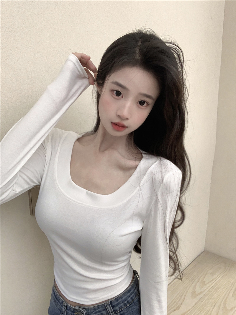 實拍~純欲大U領辣妹長袖T恤秋季短款上衣百搭修身顯瘦打底衫