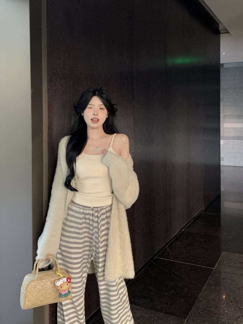 實拍韓版寬鬆中長款外搭針織開衫吊帶條紋寬鬆休閒慵懶風長褲