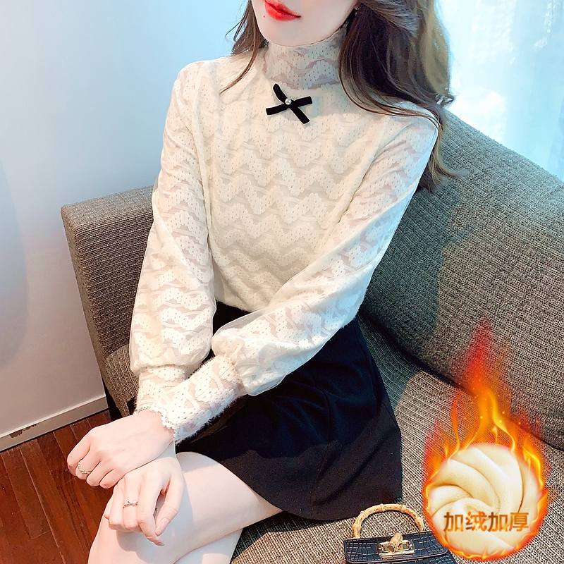 半高領蕾絲打底衫內搭加絨加厚長袖百搭寬鬆設計感小眾甜美女上衣