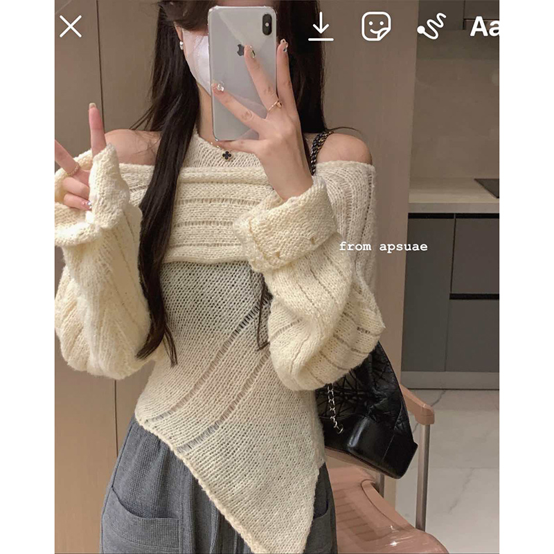 白水女 掛脖針織衫女秋季新款修身設計感小眾不規則疊穿罩衫套裝