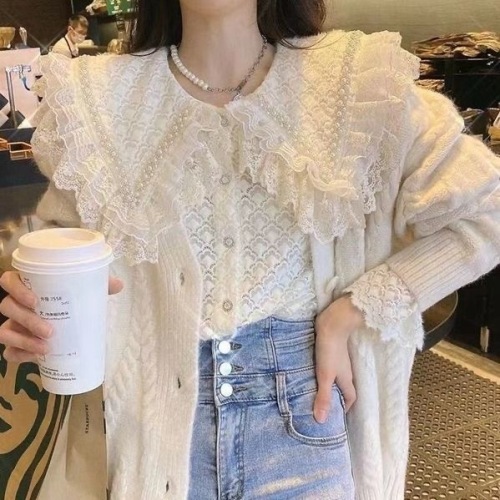 Lace doll collar hook pattern hollow lace shirt for women 2023 autumn new style French chic foreign style long-sleeved top