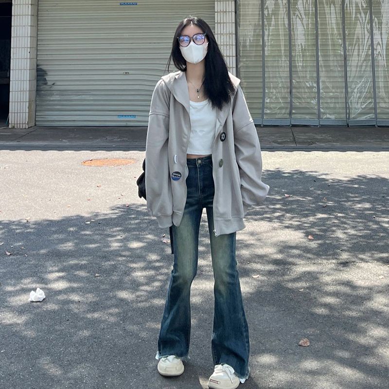 秋季復古高腰毛邊微喇牛仔褲女小個子直筒做舊顯瘦修身彈力長褲潮
