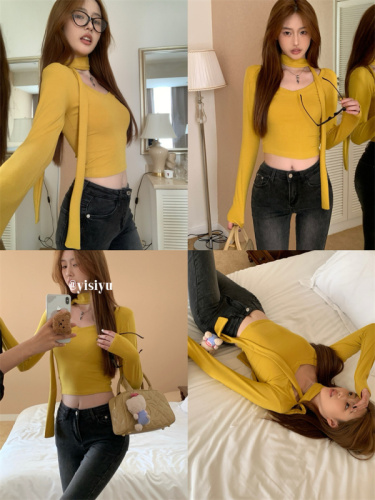 Real shot of fashionable and versatile long-sleeved T-shirt for women 2023 autumn wear temperament slim halter neck design ribbon slimming top