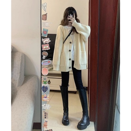 A sense of high-end!  Lazy style V-neck single-breasted sweater cardigan women's coat spring and autumn Korean style loose knitted sweater top