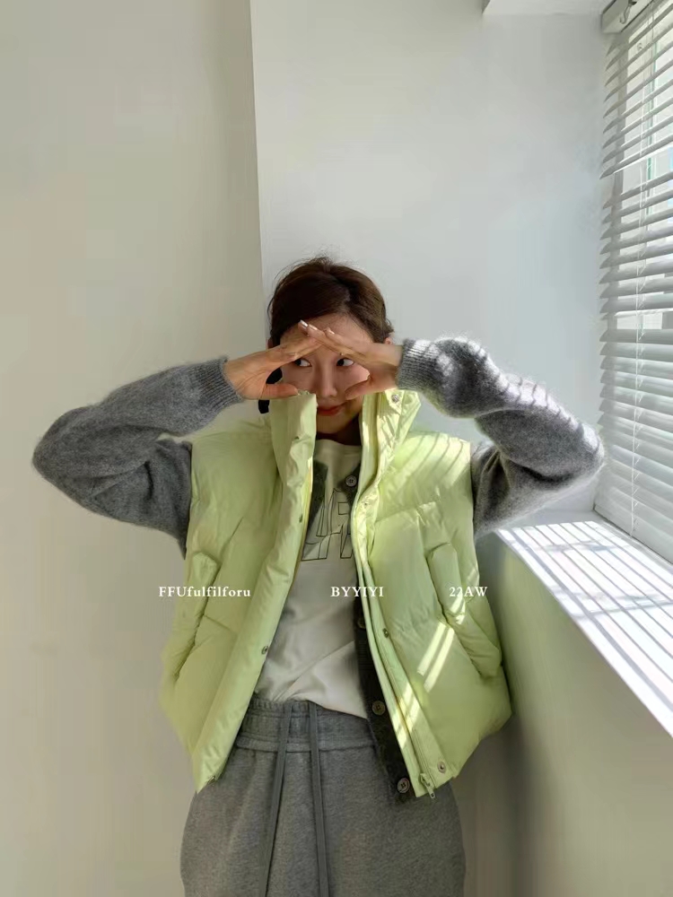 韓國chic 直筒立領加厚棉服馬甲背心女無袖拉鏈外套麵包服