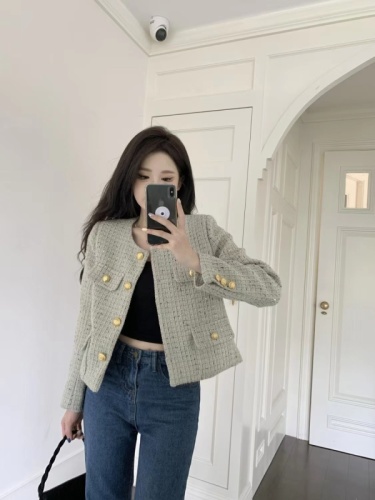 Xiaoxiangfeng short jacket  autumn new style high-end and elegant lady style versatile round neck top for small people