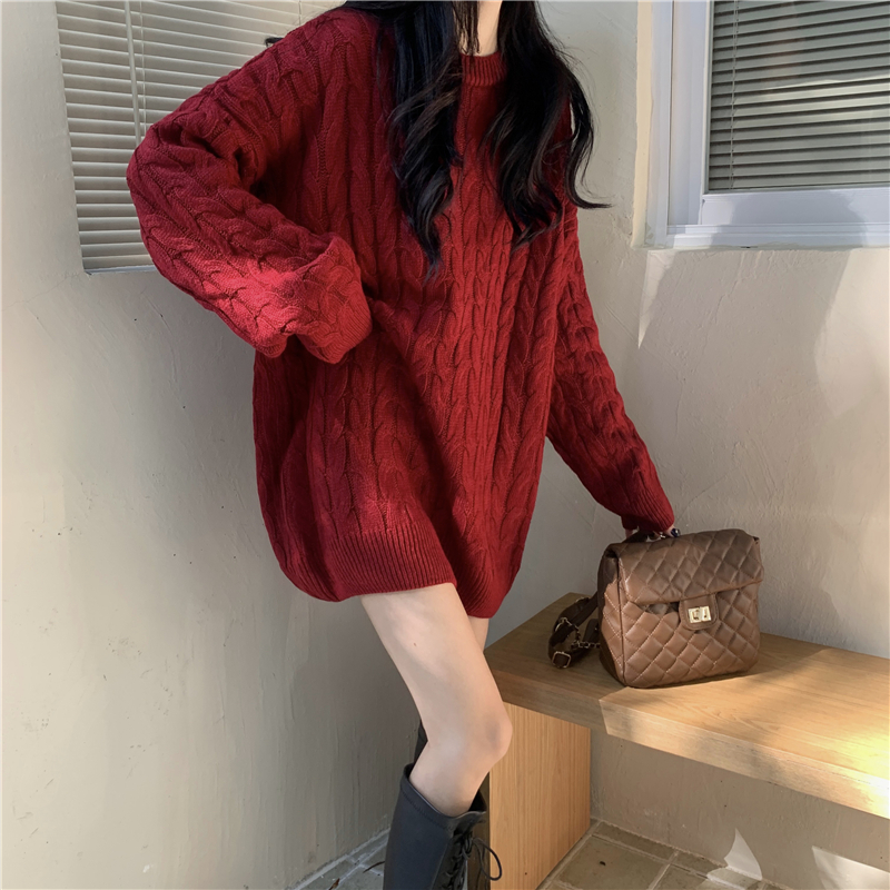 Real shot of autumn and winter new thickened twist women's round neck mid-length knitted sweater for women