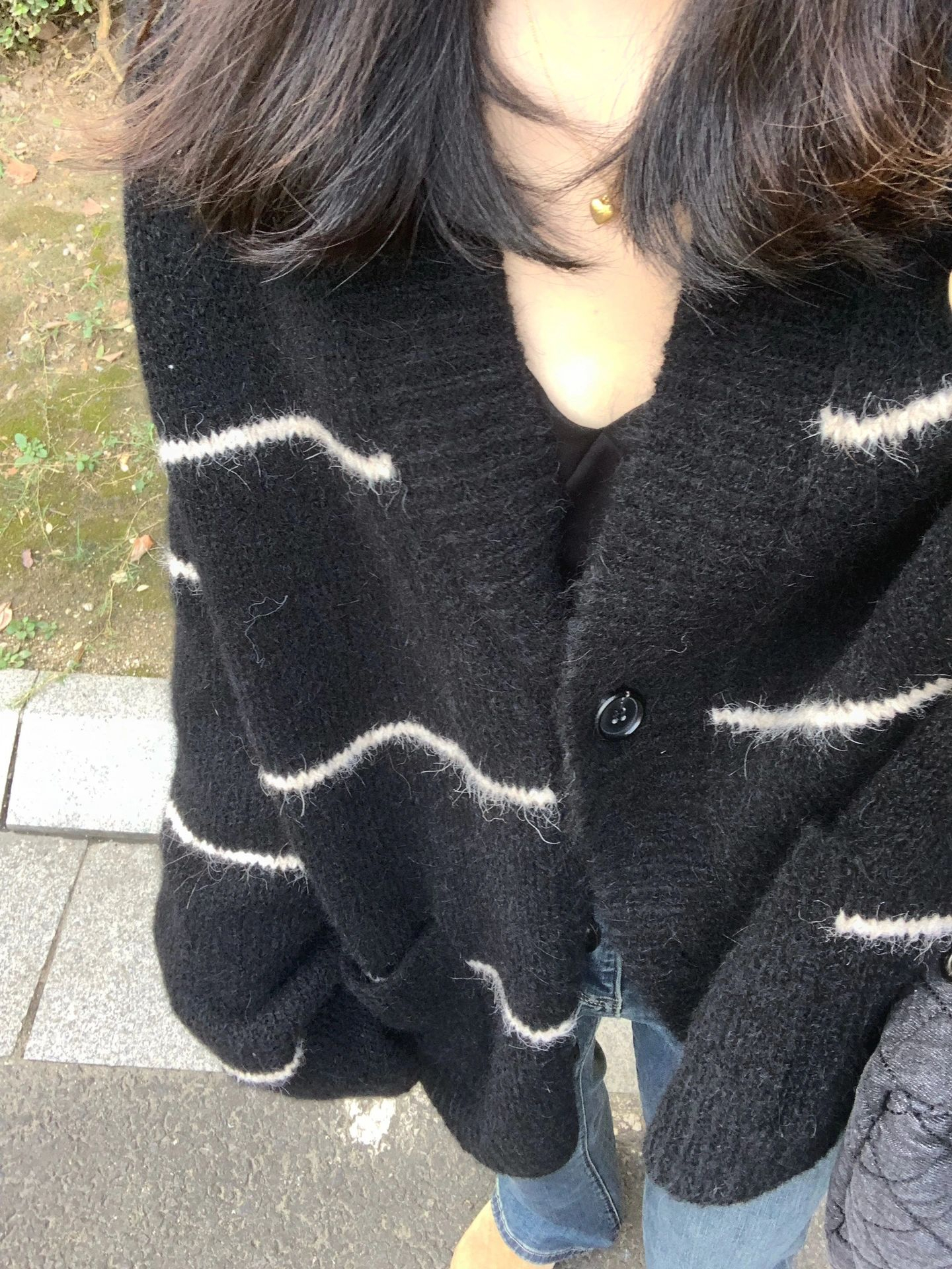 慵懶風休閒長袖黑色毛衣女秋季2023新款小眾設計開衫條紋上衣外套