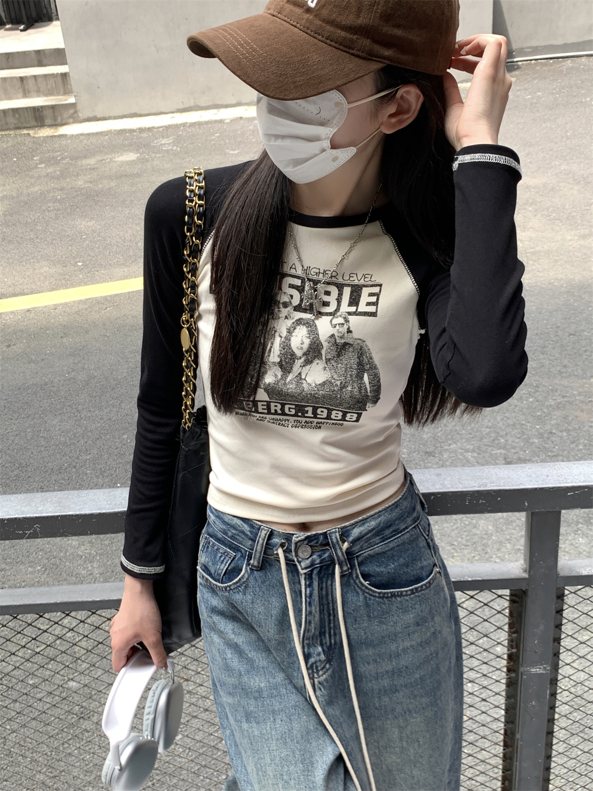 實拍 秋冬韓版修身插肩撞色美式印花設計感純棉長袖T恤女上衣