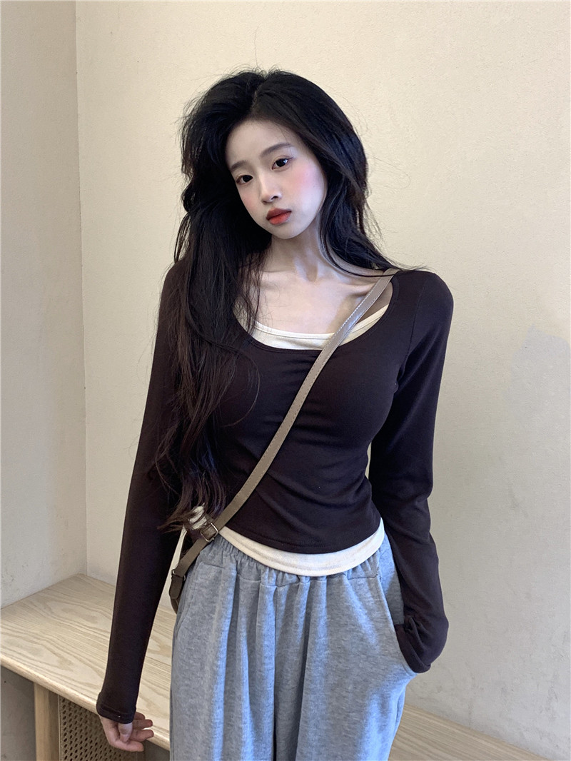 實拍~溫柔風假兩件長袖T恤女秋季修身顯瘦打底衫短款休閒上衣