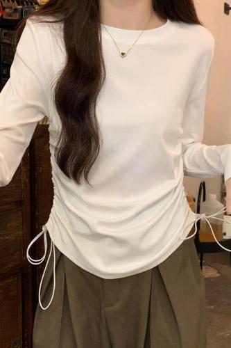 圆领修身长袖女t恤秋新款纯色抽绳设计感上衣别致打底衫