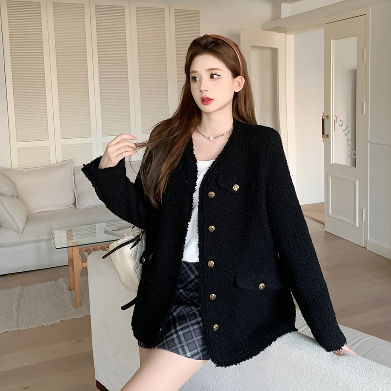 實拍大碼女裝胖mm粗花呢黑色小香風外套2023新款秋冬時尚百搭上衣