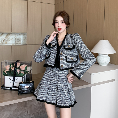 Autumn and winter new style retro high-end temperament celebrity waist slimming small fragrant skirt suit two-piece set