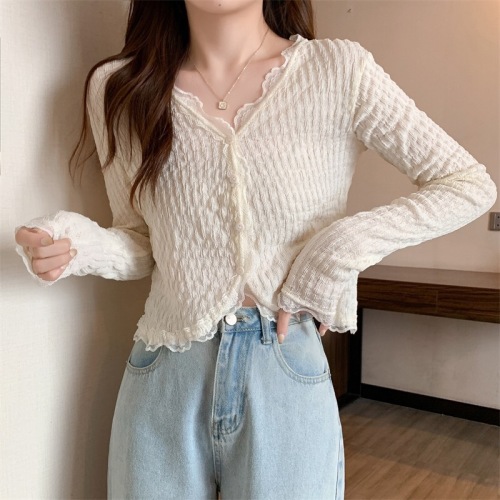 Korean style V-neck lace trim long-sleeved shirt for women with versatile design, sweet temperament and slimming top