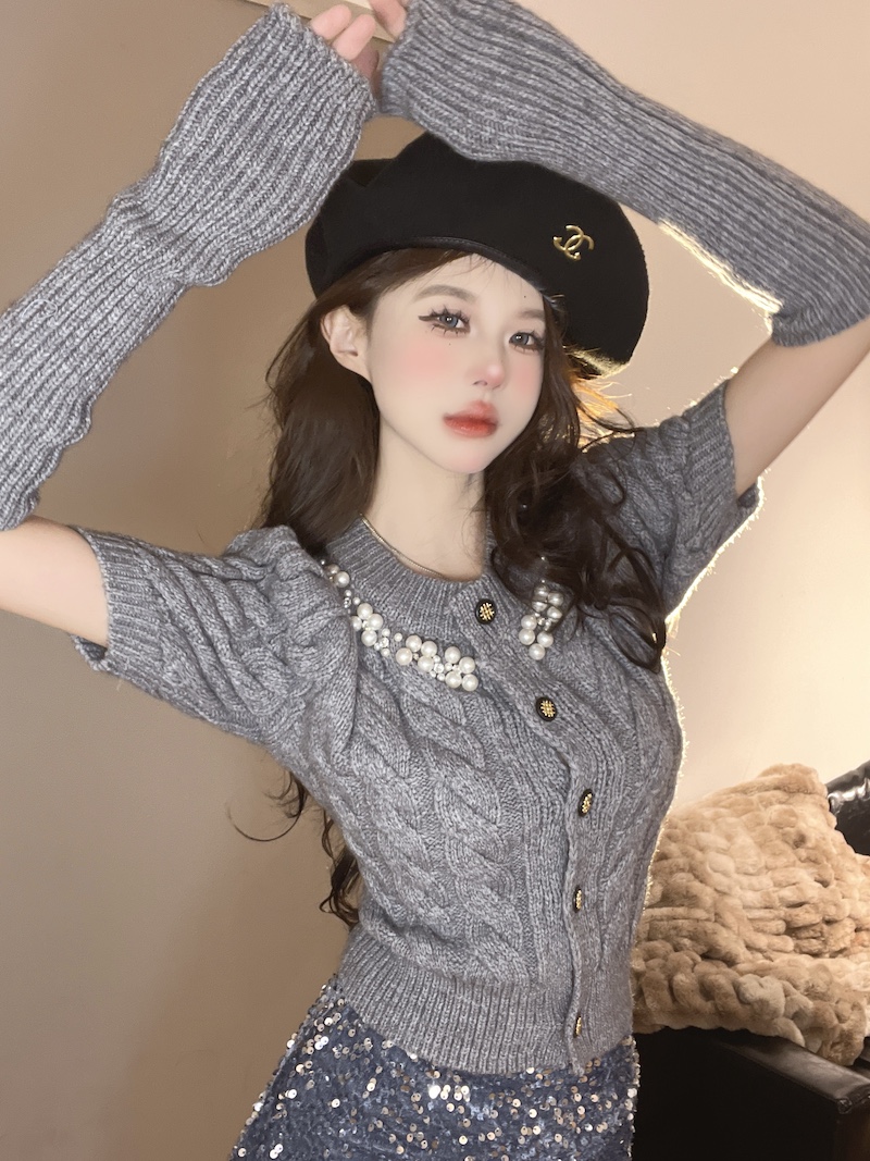 實拍 小香風軟糯糯毛衣女秋冬慵懶風泡泡袖針織打底衫袖套上衣