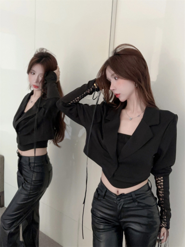 ~Cool hot girl with irregular tube top and designed hollow strap lapel top two-piece set