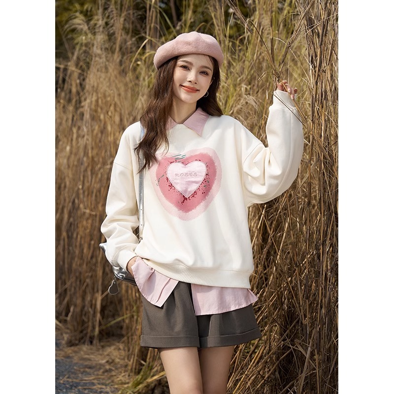 Love round neck sweatshirt for women 2023 autumn new loose lazy style gradient three-dimensional jacket design top